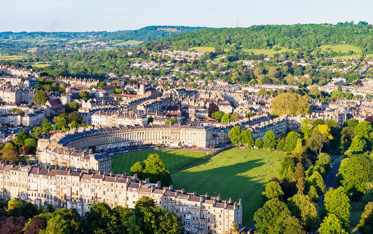 Aerial view of the Royal Crescent - Baths most famous historic street